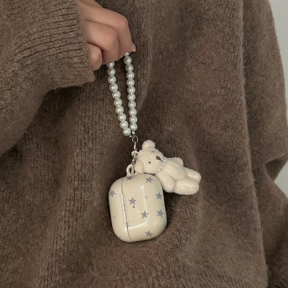 WHITE STAR AIRPODS PEARL BEAR CASE