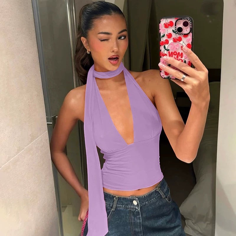 Elegantes Neckholder-Top mit V-Ausschnitt für Damen im Urlaubs-Stil