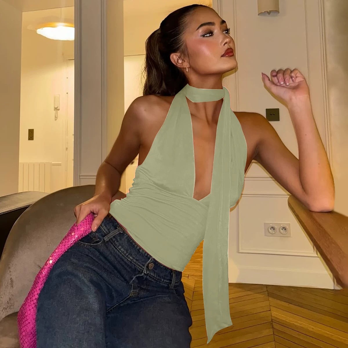 Elegantes Neckholder-Top mit V-Ausschnitt für Damen im Urlaubs-Stil
