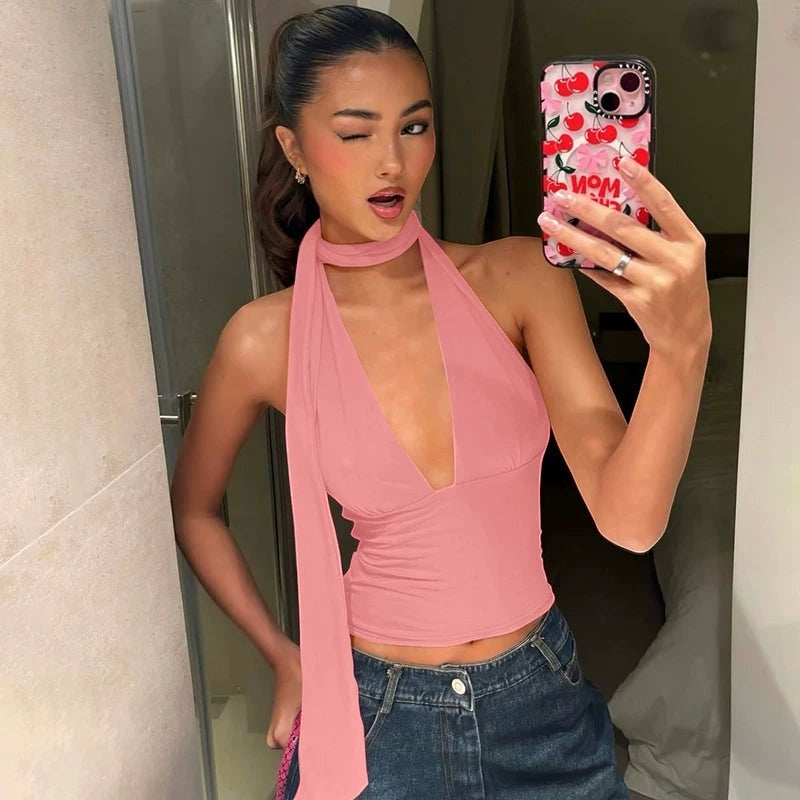 Elegantes Neckholder-Top mit V-Ausschnitt für Damen im Urlaubs-Stil
