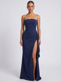 Brisconti Portofino trägerloses dunkelblaues Maxikleid mit hohem Beinschlitz und geraffter Taille für elegante Anlässe.