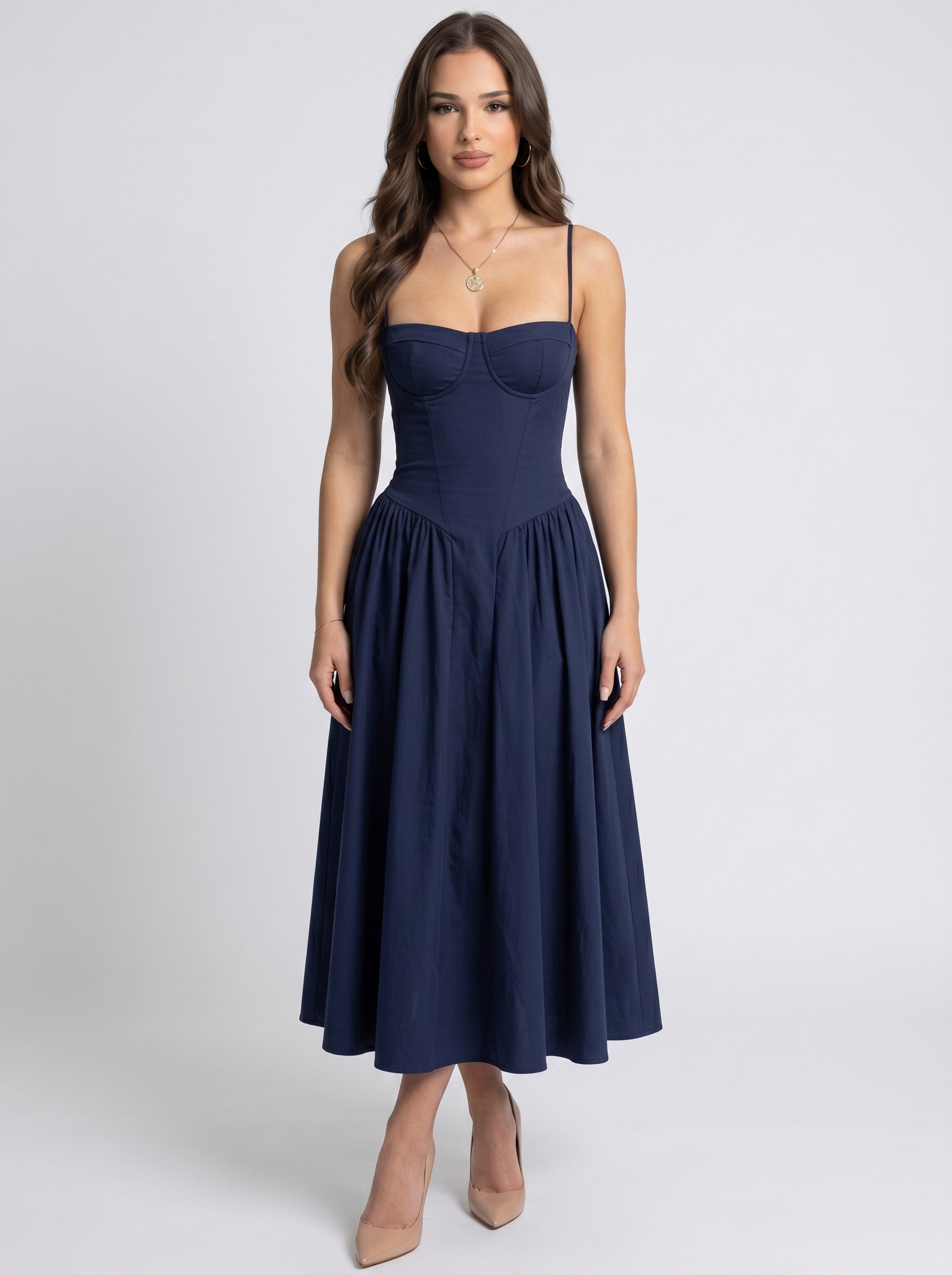Brisconti Portofino dunkelblaues ärmelloses Maxikleid mit quadratischem Ausschnitt und A-Linien-Silhouette