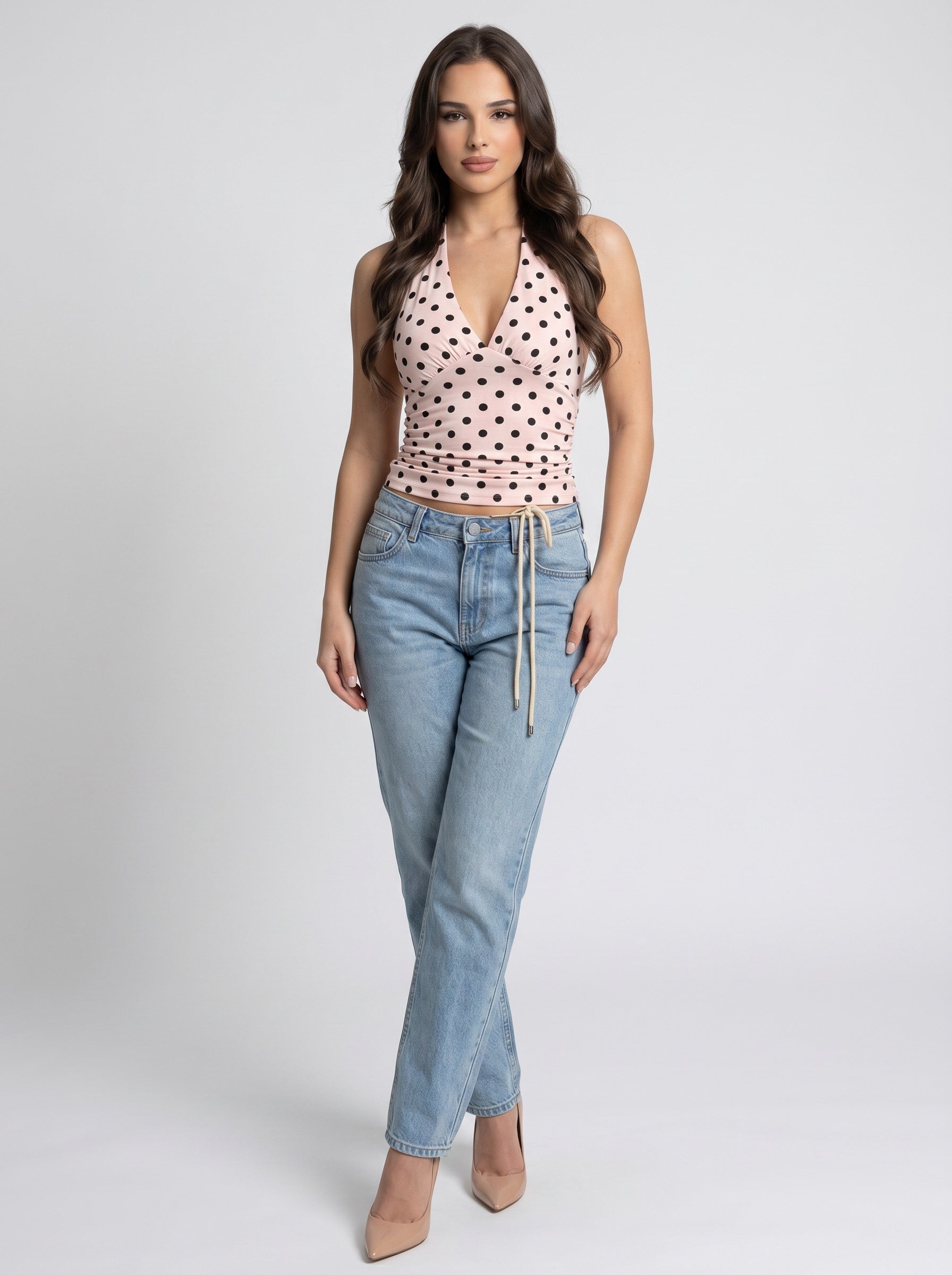 Brisconti Portofino Helena Neckholder-Top in Rosa mit schwarzem Polka-Dot-Muster, V-Ausschnitt und Schnürung.