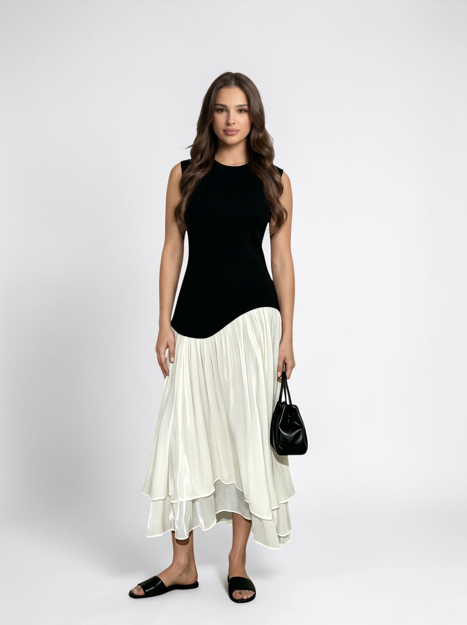 Brisconti Portofino ärmelloses Midi-Kleid in Schwarz und Weiß mit Kontrastschnitt und A-Linie für Damen.