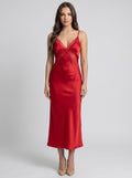 Brisconti Portofino rotes ärmelloses Maxikleid aus Polyester mit V-Ausschnitt, Spitzenbesatz und A-Linien-Schnitt
