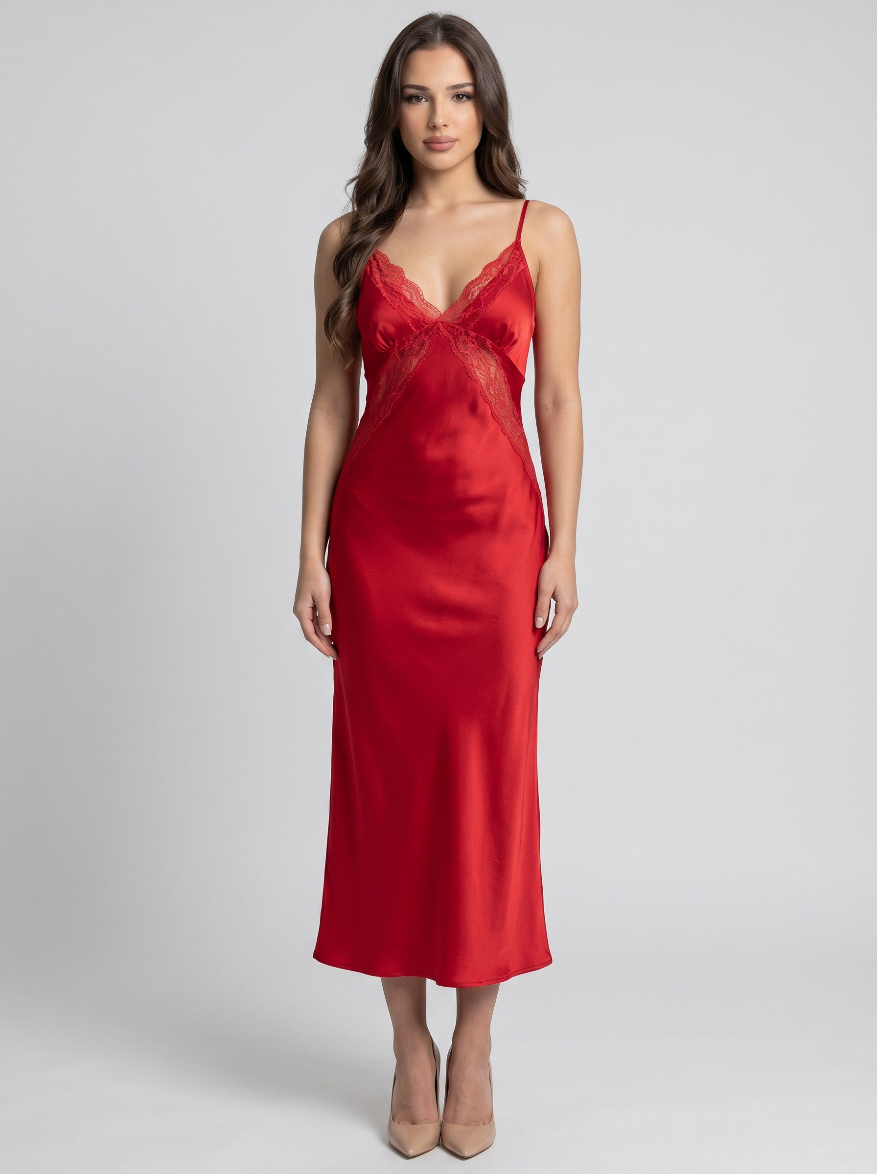 Brisconti Portofino rotes ärmelloses Maxikleid aus Polyester mit V-Ausschnitt, Spitzenbesatz und A-Linien-Schnitt